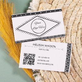 Tarjeta De Visita Patrón boho negro y blanco femenino con logotipo