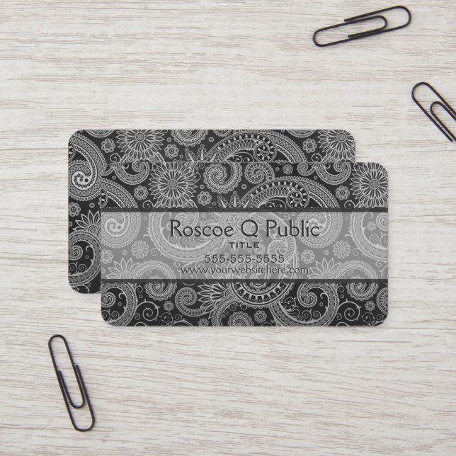Tarjeta De Visita Patrón DAMASK floral negro y gris (Anverso/Reverso In Situ)