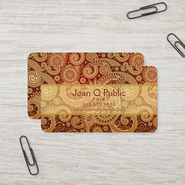 Tarjeta De Visita Patrón DAMASK floral rojo y dorado (Anverso/Reverso In Situ)