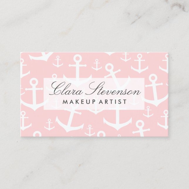 Tarjeta De Visita Patrón de anclaje rosa y blanco náutico (Anverso)