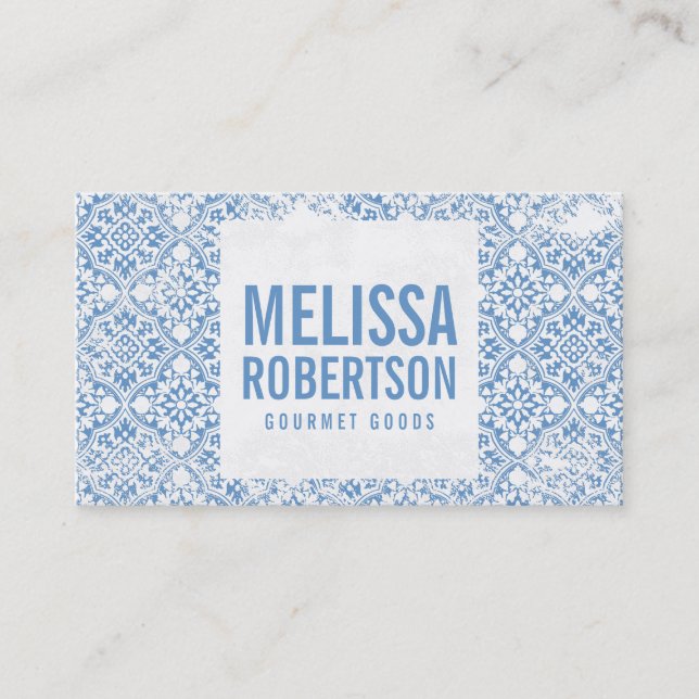 Tarjeta De Visita Patrón de cosecha azul y blanca para panadería, co (Anverso)