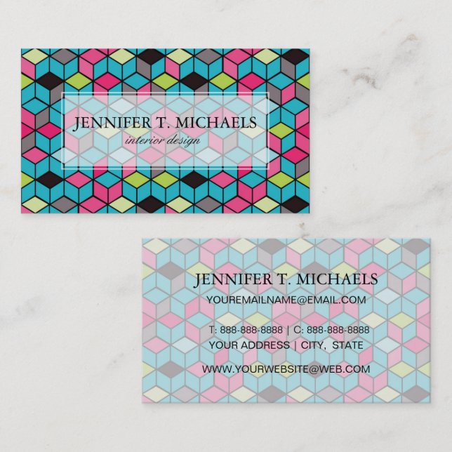 Tarjeta De Visita Patrón de cubo rosa y turquesa (Anverso / Reverso)
