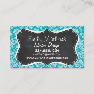 Tarjeta De Visita Patrón de damasco azul-verde; cartulina retro