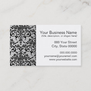 Tarjeta De Visita Patrón de damasco floral blanco plateado y negro