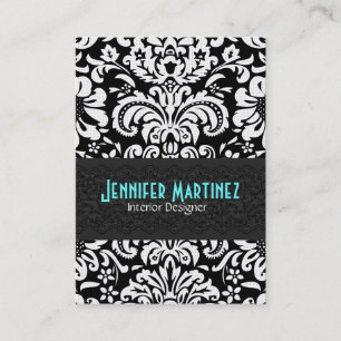 Tarjeta De Visita Patrón de Damasco Floral Vintage blanco y negro 4