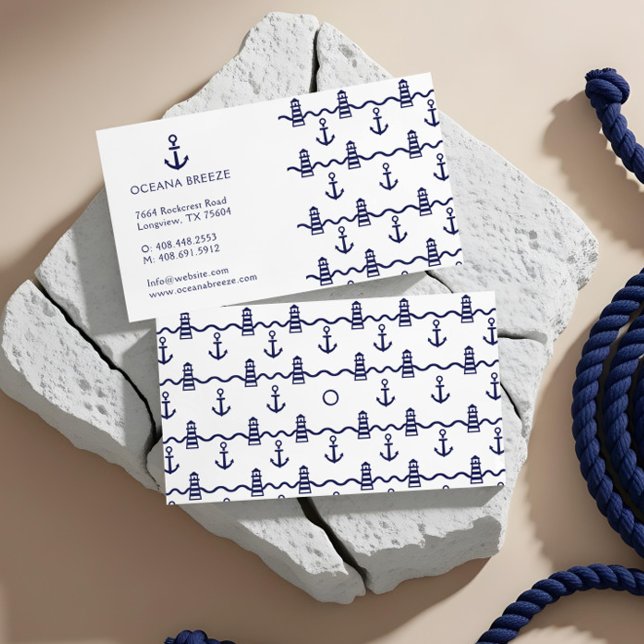 Tarjeta De Visita Patrón de faro de anclaje náutico blanco y naval (White & Navy Nautical Anchor Lighthouse Pattern Business Card)
