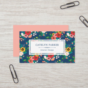 Tarjeta De Visita Patrón de flor folclórica boho - Azul profundo y c