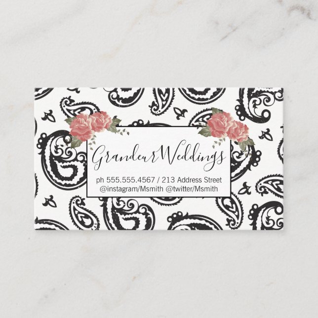 Tarjeta De Visita Patrón de flor negro paisley | ROSAS (Anverso)