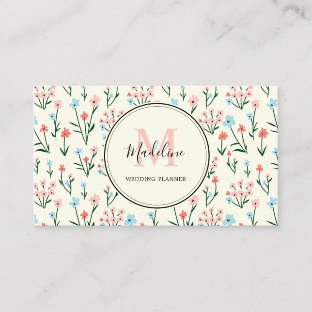 Tarjeta De Visita Patrón de flores azules rosadas pastorales simples (Anverso)