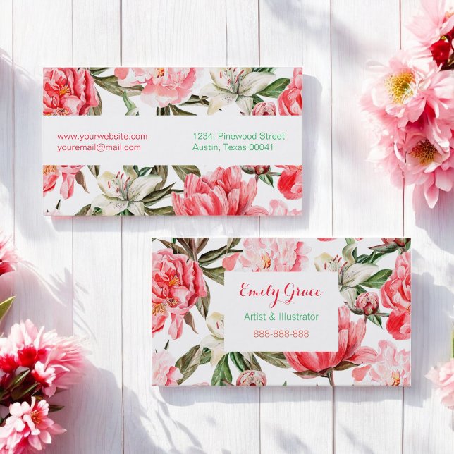 Tarjeta De Visita Patrón de flores rosadas rojas florales (Subido por el creador)
