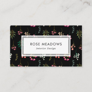 Tarjeta De Visita Patrón de flores silvestres boho negro