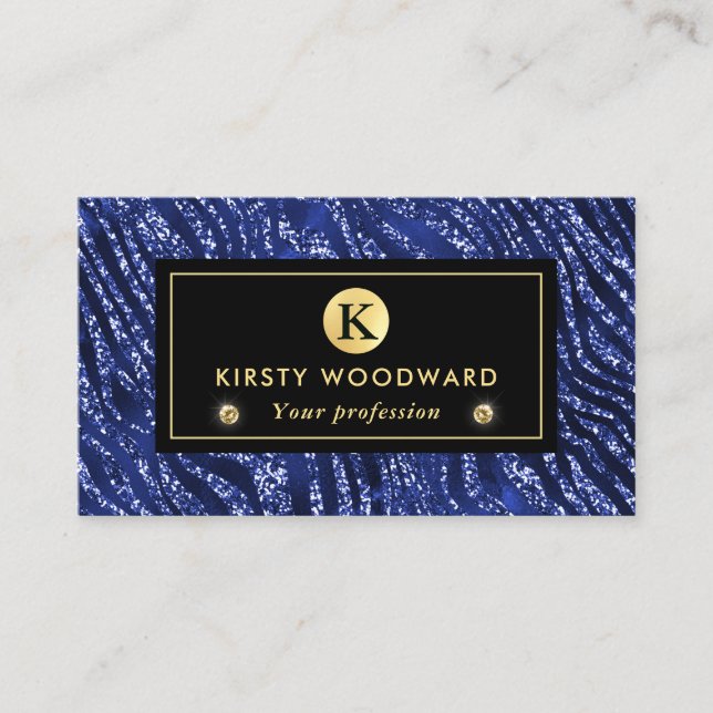Tarjeta De Visita Patrón de franjas de tigre Glam, Purpurina azul y  (Anverso)