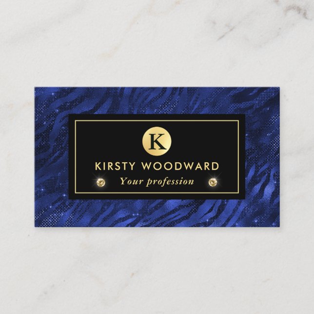 Tarjeta De Visita Patrón de franjas de tigre Glam, Purpurina azul y  (Anverso)