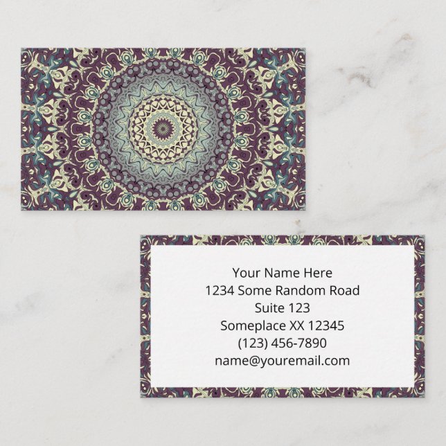 Tarjeta De Visita Patrón de Mandala morado Verde azulado y crema (Anverso / Reverso)
