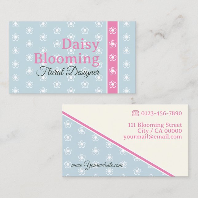 Tarjeta De Visita Patrón de margarita suave florista rosa azul claro (Anverso / Reverso)