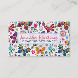 Tarjeta De Visita Patrón de mariposas y flores retro coloridas 2