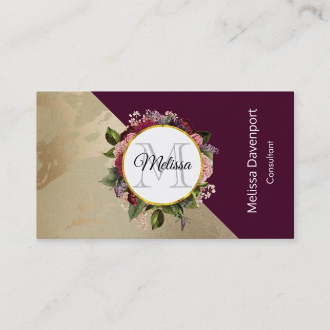 Tarjeta De Visita Patrón de mármol dorado y monograma floral borgoño (Anverso)
