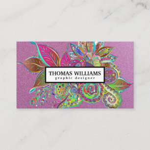 Tarjeta De Visita Patrón de paisley floral azul rojo acuarela