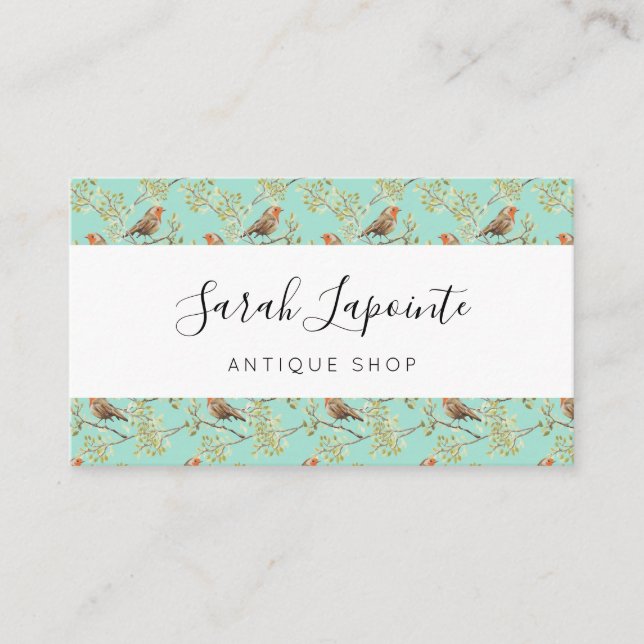Tarjeta De Visita Patrón de pájaro Robin europeo pintado de época (Anverso)
