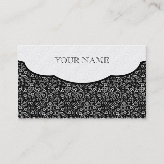Tarjeta De Visita Patrón de punto floral negro y blanco retro (Anverso)