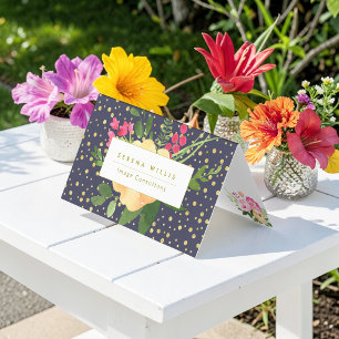 Tarjeta De Visita Patrón de puntos amarillos dorados azul marino flo