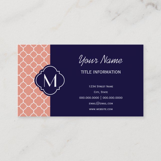 Tarjeta De Visita Patrón de quatrefoil coral con monogramo (Anverso)