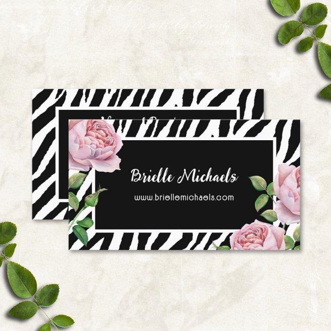 Tarjeta De Visita Patrón De Rayas De Cebra Girona Con Rosas Rosa (Zebra Stripes Pattern With Pink Roses Business Cards)