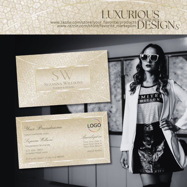 Tarjeta De Visita Patrón de serpiente de crema de seda con monograma (Subido por el creador)