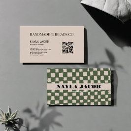 Tarjeta De Visita Patrón de tablero de cheques gris verde Código QR