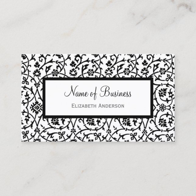 Tarjeta De Visita Patrón elegante de Damasco floral blanco y negro (Anverso)