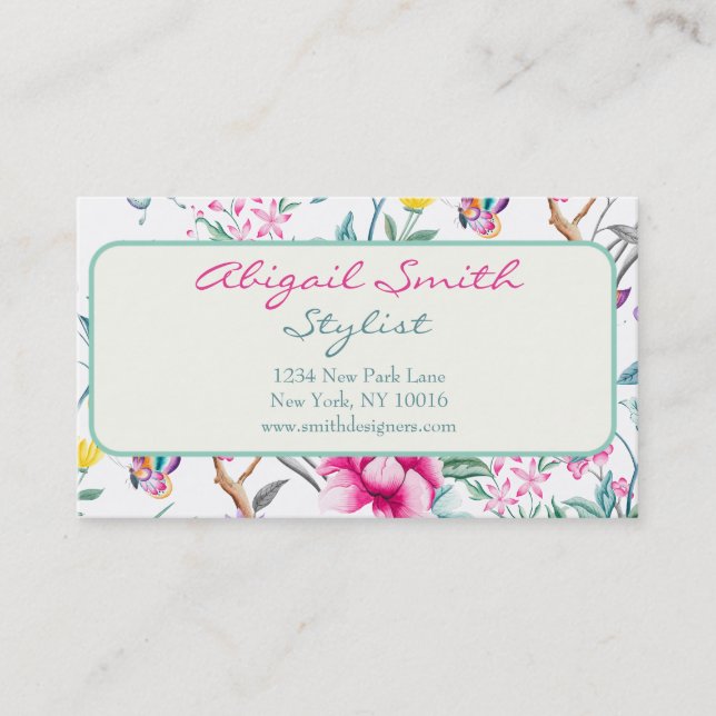 Tarjeta De Visita Patrón elegante de flores y mariposas (Anverso)