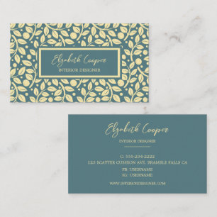 Tarjeta De Visita Patrón elegante de hojas azules y crema