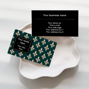 Tarjeta De Visita Patrón Fleur de Lis, francés, real, crema, verde