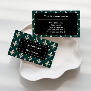 Tarjeta De Visita Patrón Fleur de Lis, francés, real, crema, verde