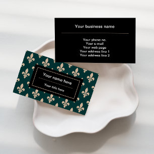 Tarjeta De Visita Patrón Fleur de Lis, francés, real, crema, verde