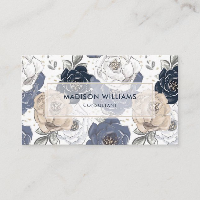 Tarjeta De Visita Patrón floral azul blanco personalizado profesiona (Anverso)