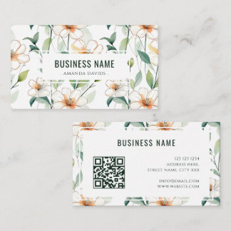 Tarjeta De Visita Patrón floral blanco con código QR de vegetación v