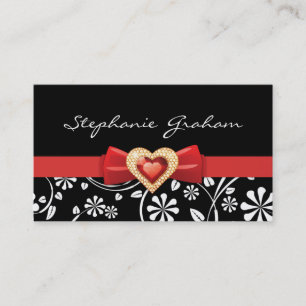 Tarjeta De Visita Patrón floral blanco negro con arco rojo y joyas