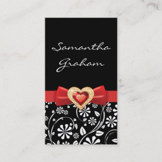 Tarjeta De Visita Patrón floral blanco negro con arco rojo y joyas