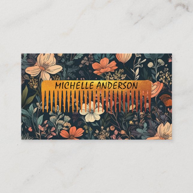 Tarjeta De Visita Patrón floral | Comb Hair Stylist (Anverso)