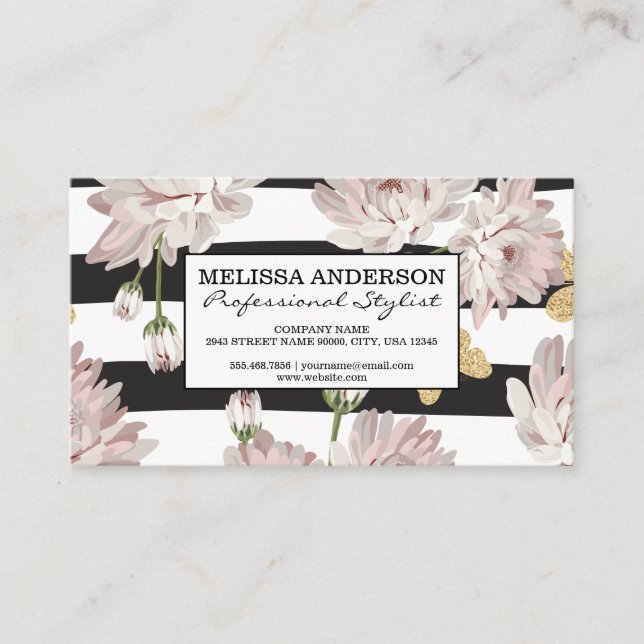 Tarjeta De Visita Patrón floral con mariposas brillantes (Anverso)