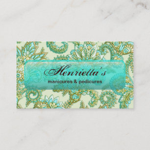 Tarjeta De Visita Patrón floral Cute Aqua Gold Paisley