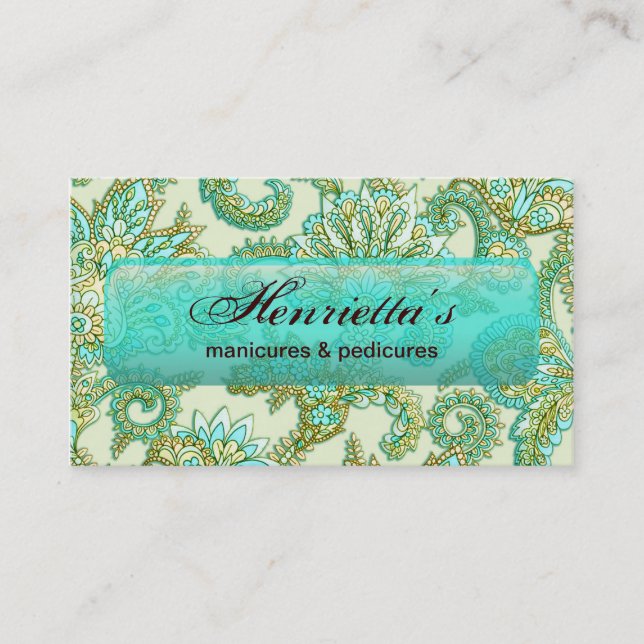 Tarjeta De Visita Patrón floral Cute Aqua Gold Paisley (Anverso)