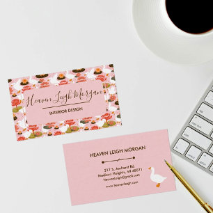 Tarjeta De Visita Patrón floral de nenúfar y ganso rosa boho