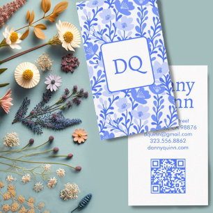 Tarjeta De Visita Patrón floral Elegante Blanco Botánico Azul