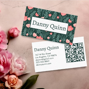Tarjeta De Visita Patrón floral Elegante Verde Rosa Botánico