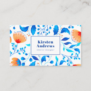 Tarjeta De Visita Patrón floral moderno flores naranja azul boho