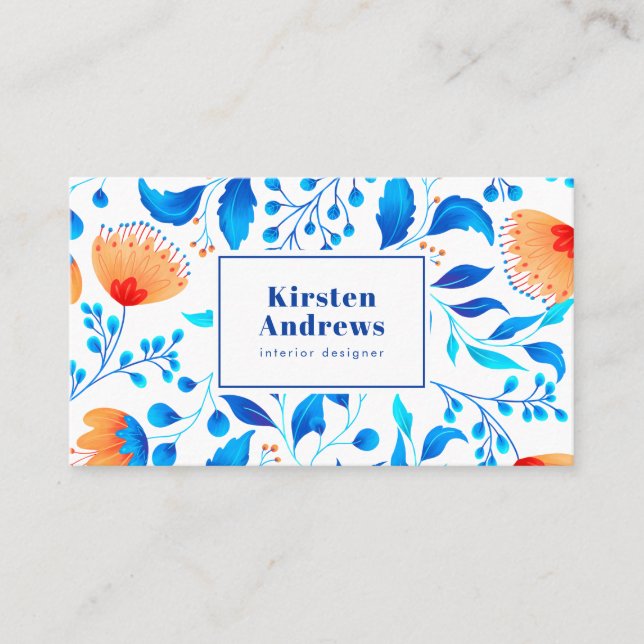 Tarjeta De Visita Patrón floral moderno flores naranja azul boho (Anverso)