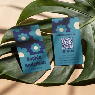 Tarjeta De Visita Patrón floral retro azul verde moderno con código 