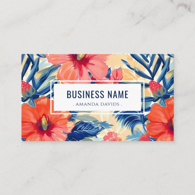 Tarjeta De Visita Patrón floral tropical Hibiscus Flores Código QR (Anverso)